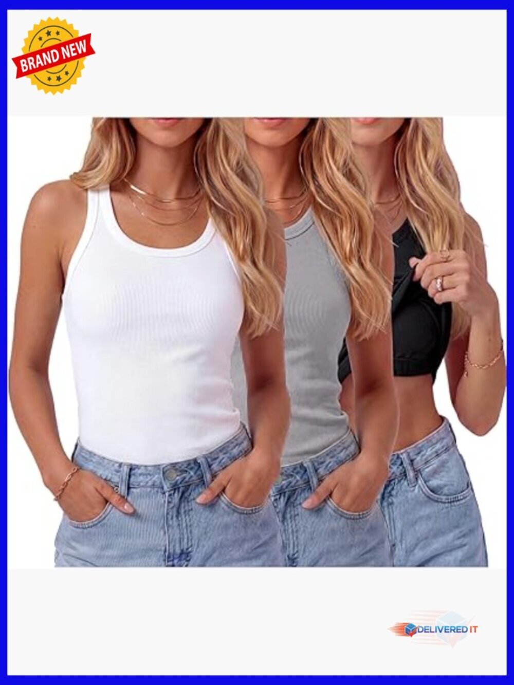 3 Pack Built in Bra Tank Tops Sleeveless Racerback Crew Neck Ribbed Casual